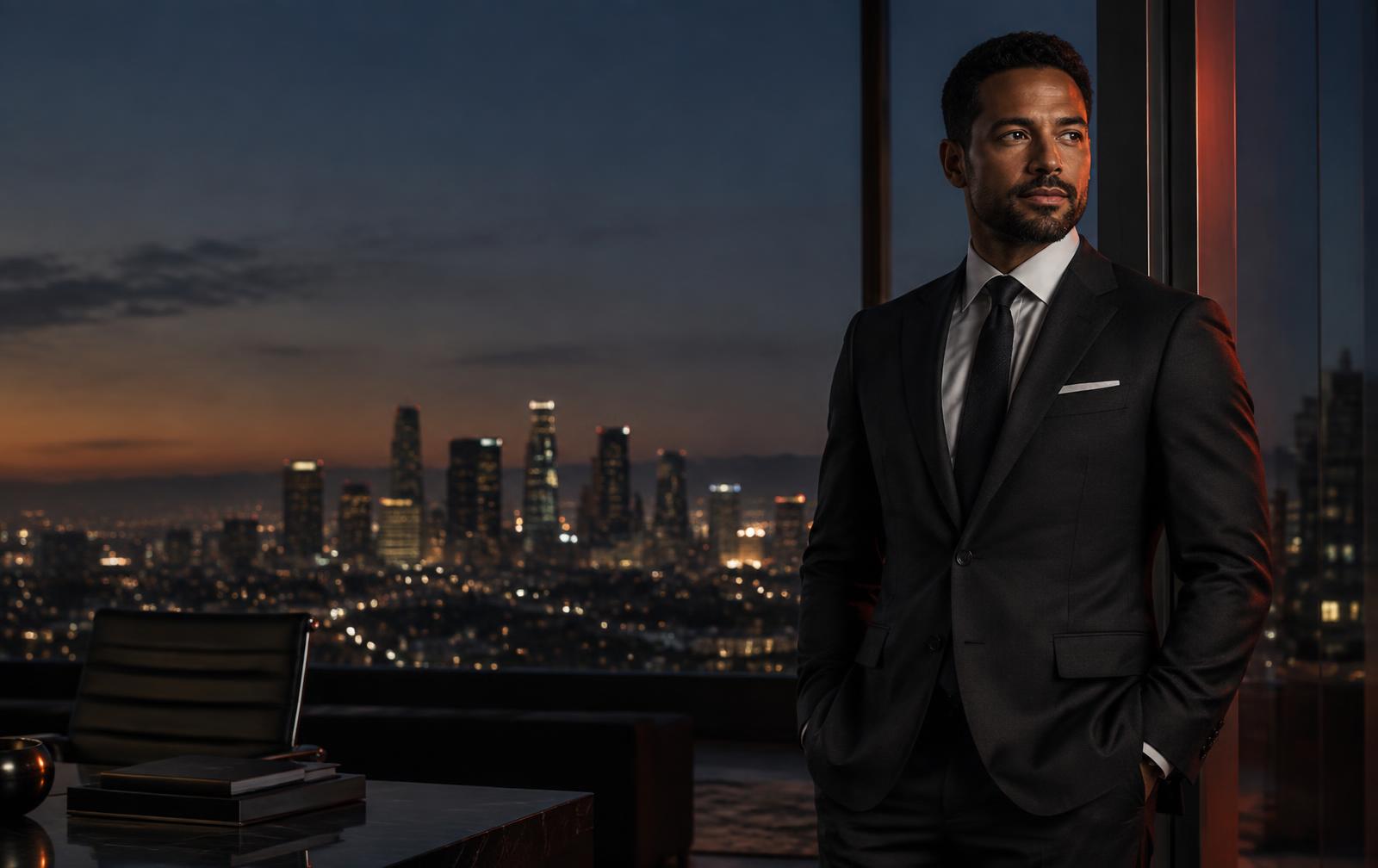 Attorney overlooking downtown Los Angeles from a modern law office